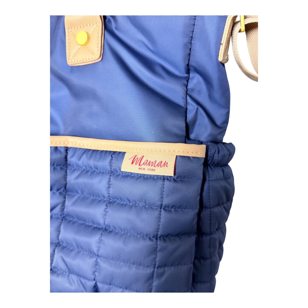 Maman New York Designer Quilted Diaper Bag w/Changing Pad Blue w/tan details - Picture 3 of 9